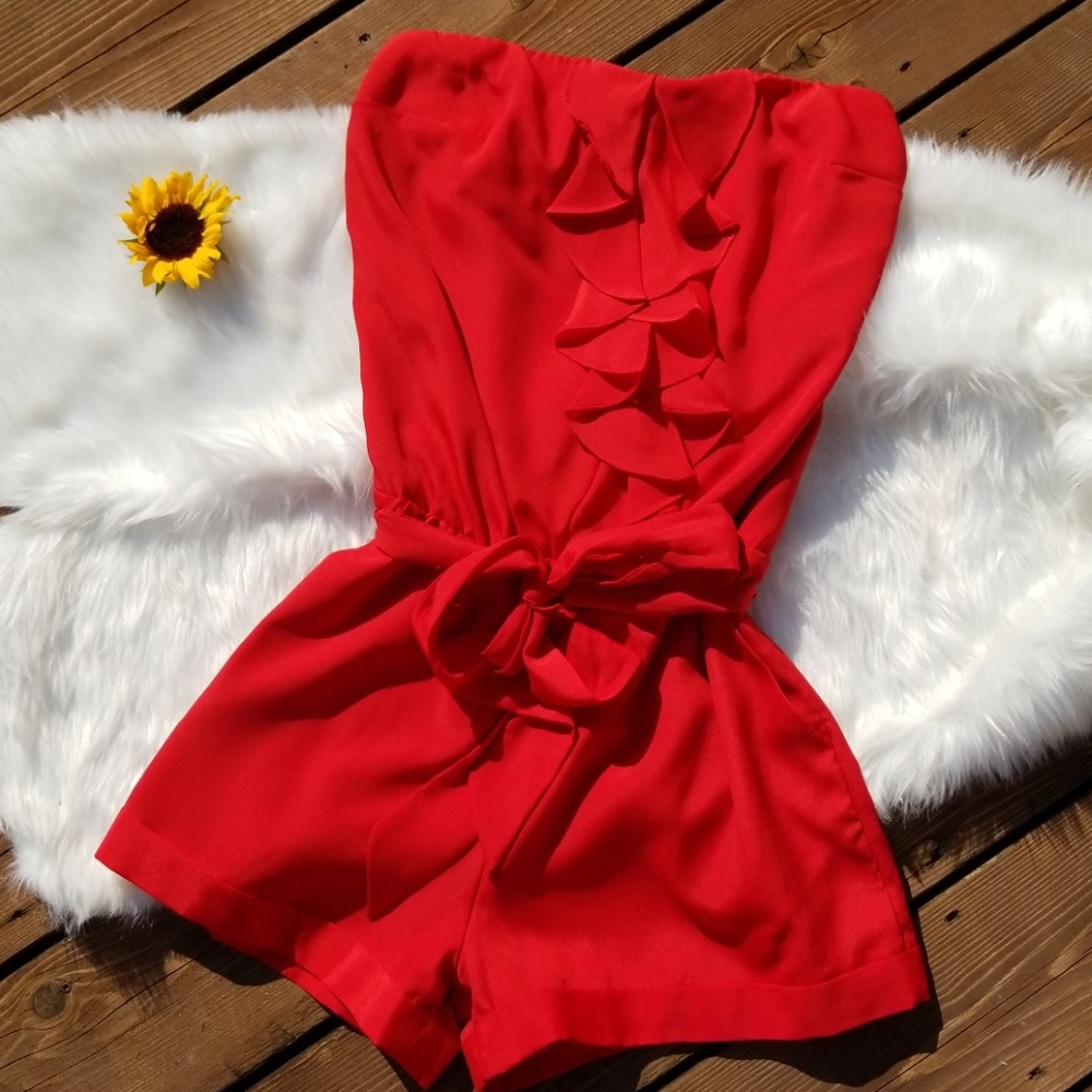 Strapless Satin Red Express Ruffle Romper